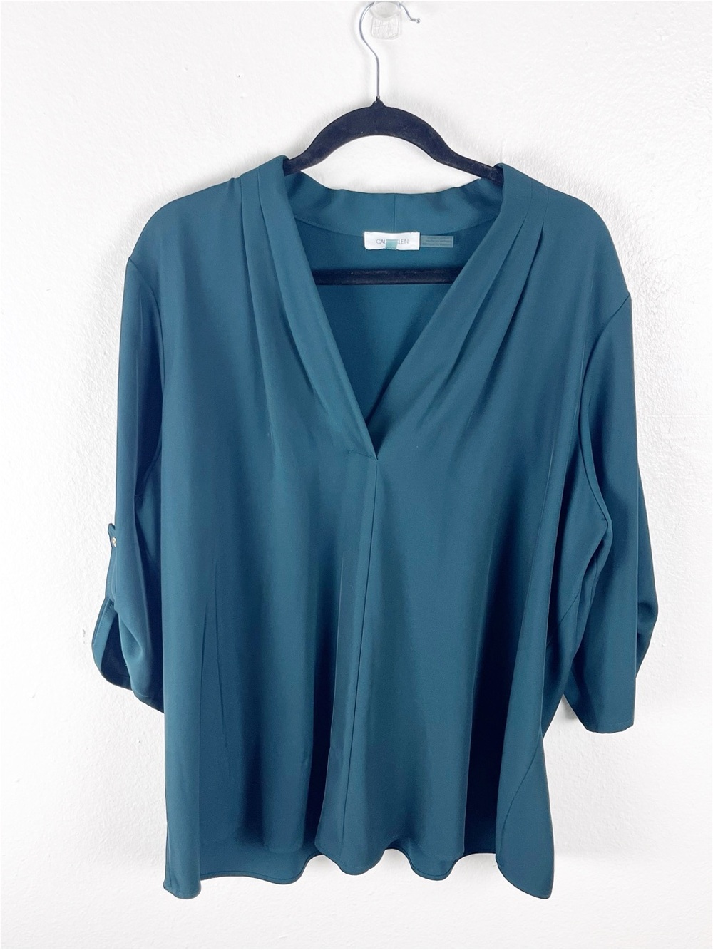 CALVIN KLEIN Green Roll Tab Sleeves V-Neck Blouse Size 1X Office Career Casual